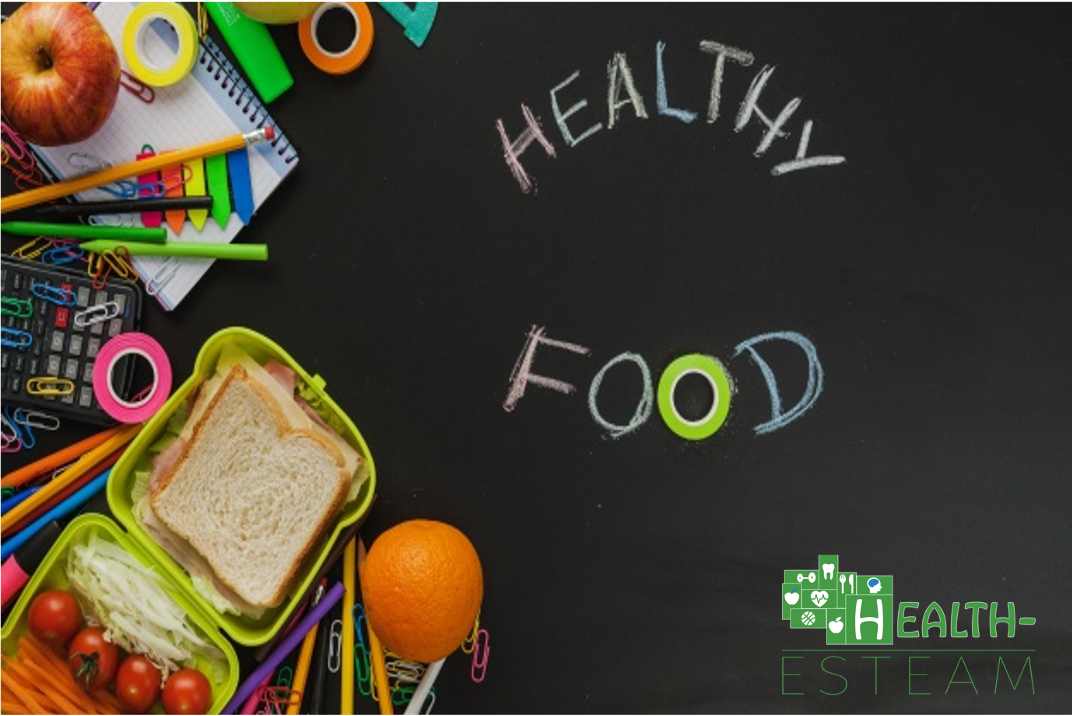 Healthy food on chalkboard